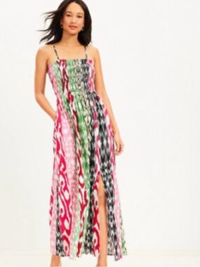 LOFT Multi-Color Striped Ikat Smocked Maxi Dress